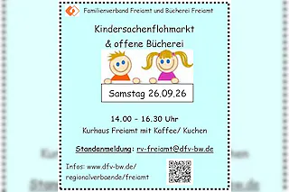 Kindersachenflohmarkt und offene Bücherei im Kurhaus Freiamt am 26. September  Der Familienverband Freiamt und die Gläserne Bücherei laden herzlich ein zum Kindersachenflohmarkt und zur offenen Bücherei am Samstag, 26.09.2026 im Kurhaus Freiamt von 14.00–16.30 Uhr – mit Kaffee und Kuchen.  Standanmeldung bitte unter: rv-freiamt@dfv-bw.de [Foto: Kurhaus Freiamt]