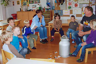Kindergarten Sallneck  Von der Kuh, der Milch und dem Käse  Der Kindergarten Sallneck war zu Gast auf dem gemeinschaftlichen Bauernhof der Familien Dreher und Schlageter. Der Landwirt Daniel Dreher und seine Frau Tina zeigten den Kindergartenkindern an 2 Tagen vieles rund um die Milch. 01.08.2009, BZ - SHO: Alles Käse oder was? Im Kindergarten Sallneck erklärte Landwirt Daniel Dreher, wo die Milch her kommt und was man aus ihr macht. Privat [privat]