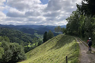 E-Bike-Tour von Kirchzarten nach St. Peter 09.10.2021, BZ - EXT: Bergab empfiehlt sich mindestens ein Stopp, um die Aussicht ins Unteribental zu genießen. 07.10.2021, BZ - EXT: Bergab empfiehlt sich mindestens ein Stopp, um die Aussicht ins Unteribental zu genießen. [Claudia Füßler]